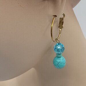 TURQUOISE Blue Plastic Bead Dangle Lever Back EARRINGS Gold Tone